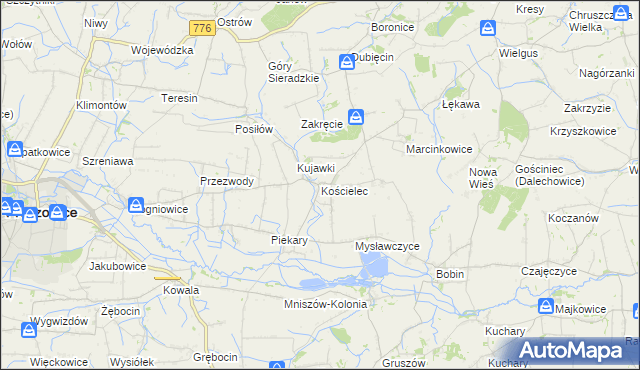 mapa Kościelec gmina Proszowice, Kościelec gmina Proszowice na mapie Targeo