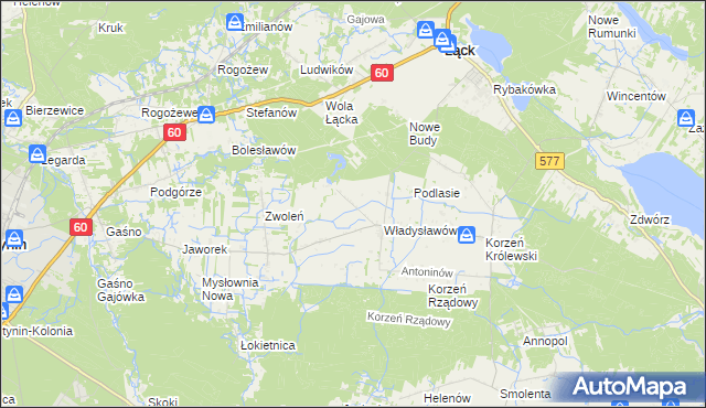 mapa Kościuszków gmina Łąck, Kościuszków gmina Łąck na mapie Targeo