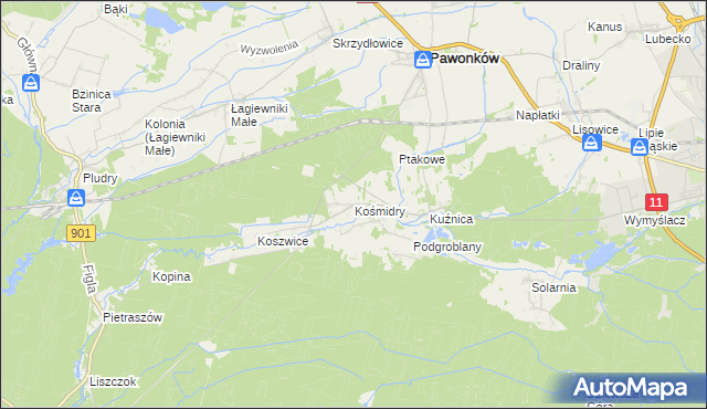 mapa Kośmidry gmina Pawonków, Kośmidry gmina Pawonków na mapie Targeo