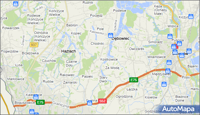 mapa Kostkowice gmina Dębowiec, Kostkowice gmina Dębowiec na mapie Targeo