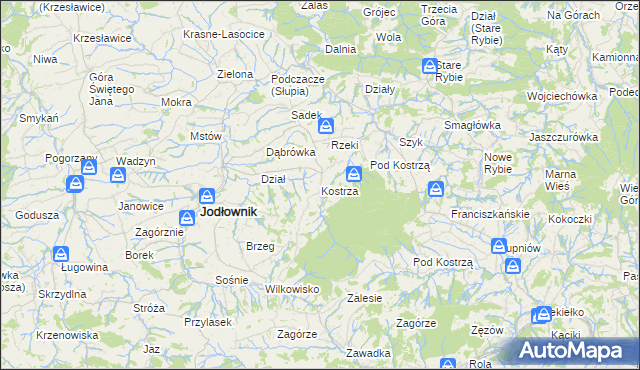 mapa Kostrza gmina Jodłownik, Kostrza gmina Jodłownik na mapie Targeo