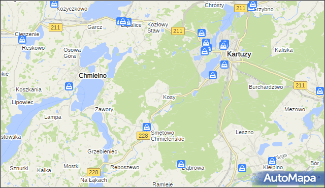 mapa Kosy gmina Kartuzy, Kosy gmina Kartuzy na mapie Targeo