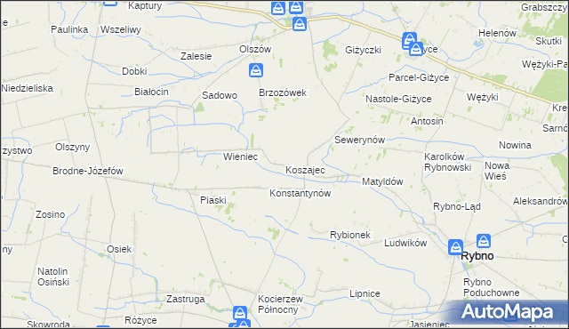 mapa Koszajec gmina Rybno, Koszajec gmina Rybno na mapie Targeo