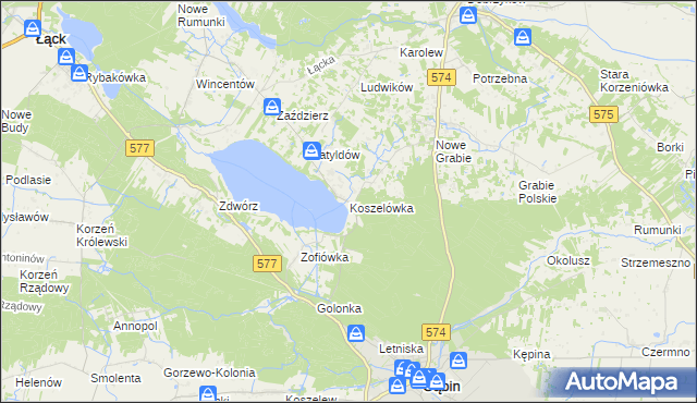 mapa Koszelówka gmina Łąck, Koszelówka gmina Łąck na mapie Targeo