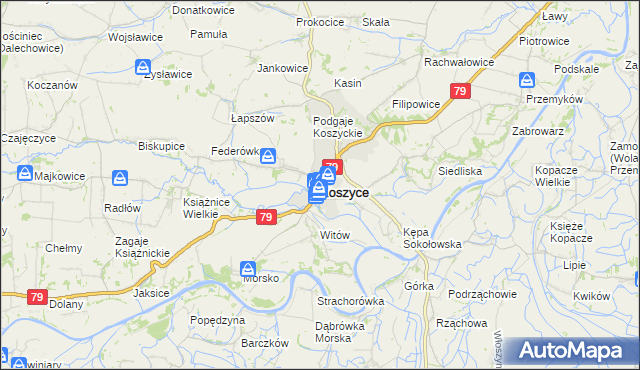 mapa Koszyce powiat proszowicki, Koszyce powiat proszowicki na mapie Targeo