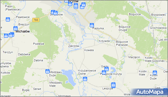 mapa Kowala gmina Pińczów, Kowala gmina Pińczów na mapie Targeo