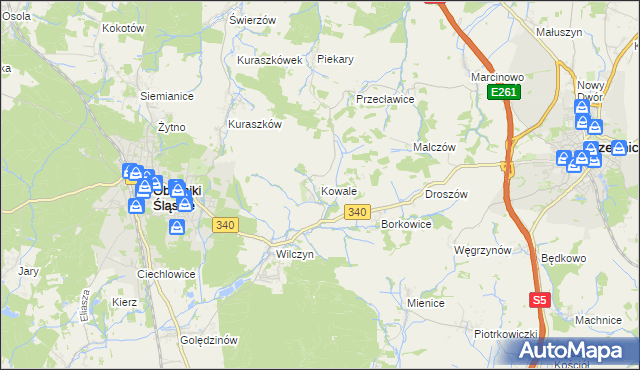 mapa Kowale gmina Oborniki Śląskie, Kowale gmina Oborniki Śląskie na mapie Targeo