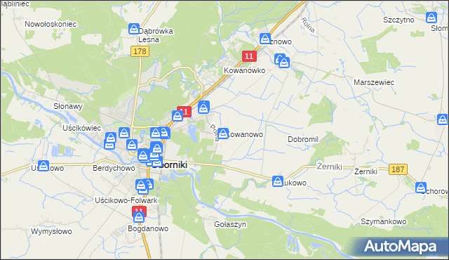 mapa Kowanowo gmina Oborniki, Kowanowo gmina Oborniki na mapie Targeo