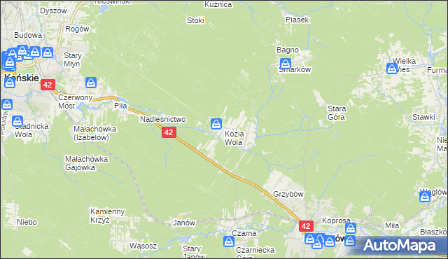 mapa Kozia Wola gmina Stąporków, Kozia Wola gmina Stąporków na mapie Targeo