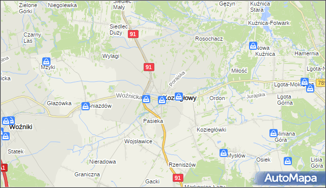 mapa Koziegłowy powiat myszkowski, Koziegłowy powiat myszkowski na mapie Targeo