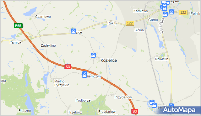 mapa Kozielice powiat pyrzycki, Kozielice powiat pyrzycki na mapie Targeo