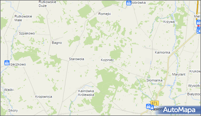 mapa Koziniec gmina Jasionówka, Koziniec gmina Jasionówka na mapie Targeo