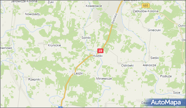 mapa Koźliki gmina Zabłudów, Koźliki gmina Zabłudów na mapie Targeo