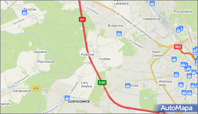 mapa Kozłów gmina Sośnicowice, Kozłów gmina Sośnicowice na mapie Targeo