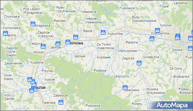 mapa Kozłówek gmina Wiśniowa, Kozłówek gmina Wiśniowa na mapie Targeo