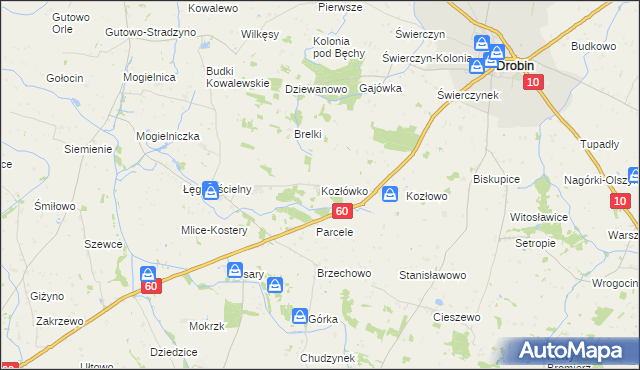 mapa Kozłówko gmina Drobin, Kozłówko gmina Drobin na mapie Targeo