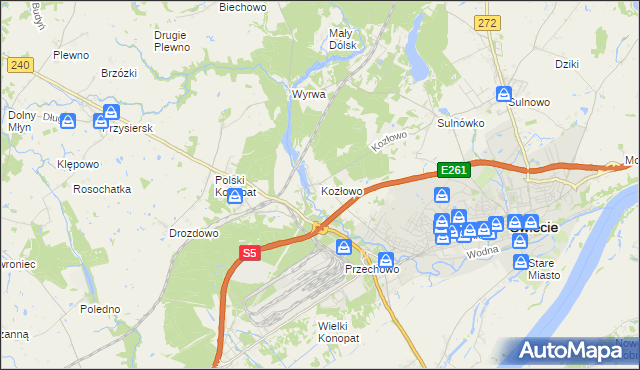 mapa Kozłowo gmina Świecie, Kozłowo gmina Świecie na mapie Targeo