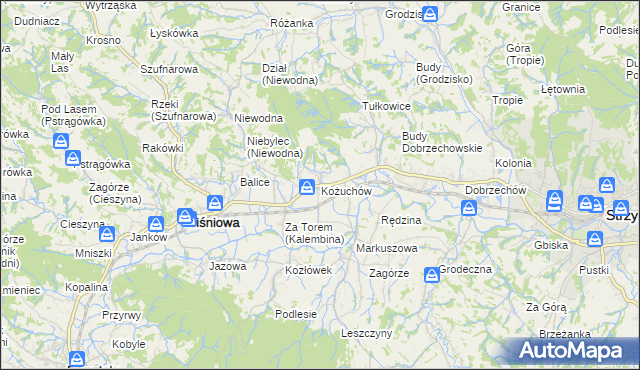 mapa Kożuchów gmina Wiśniowa, Kożuchów gmina Wiśniowa na mapie Targeo