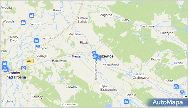 mapa Kraszewice powiat ostrzeszowski, Kraszewice powiat ostrzeszowski na mapie Targeo