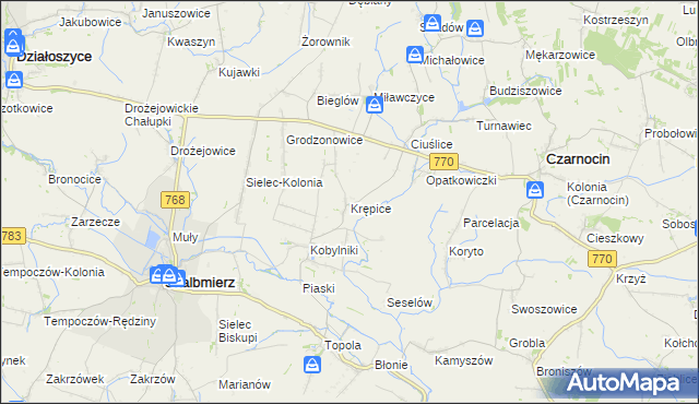 mapa Krępice gmina Skalbmierz, Krępice gmina Skalbmierz na mapie Targeo