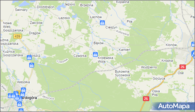 mapa Królewska Wola gmina Międzybórz, Królewska Wola gmina Międzybórz na mapie Targeo