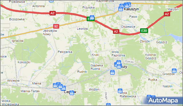 mapa Kruki gmina Mrozy, Kruki gmina Mrozy na mapie Targeo