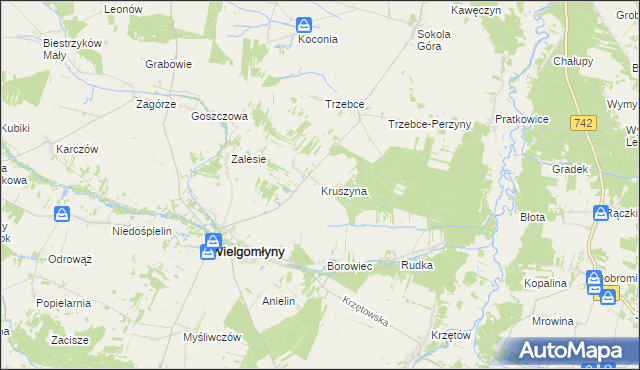 mapa Kruszyna gmina Wielgomłyny, Kruszyna gmina Wielgomłyny na mapie Targeo