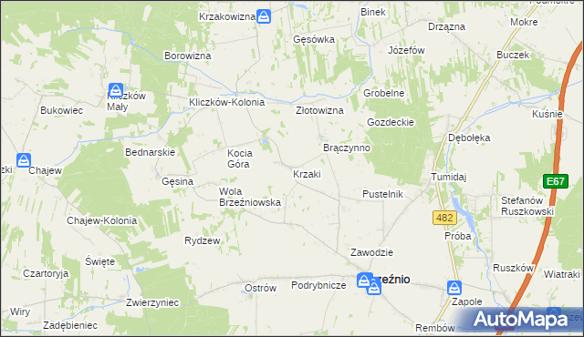 mapa Krzaki gmina Brzeźnio, Krzaki gmina Brzeźnio na mapie Targeo
