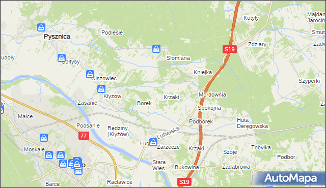 mapa Krzaki gmina Pysznica, Krzaki gmina Pysznica na mapie Targeo
