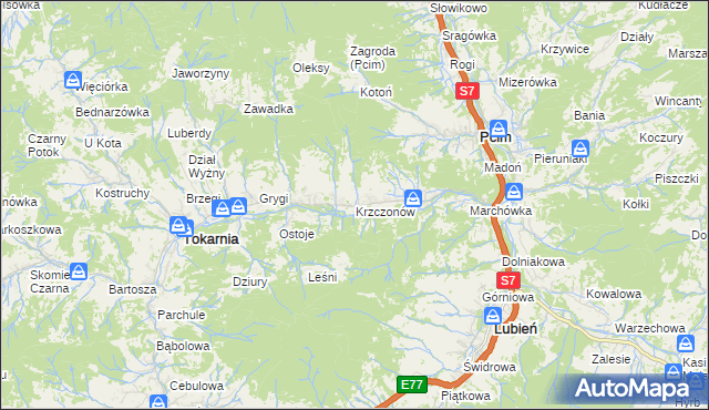 mapa Krzczonów gmina Tokarnia, Krzczonów gmina Tokarnia na mapie Targeo