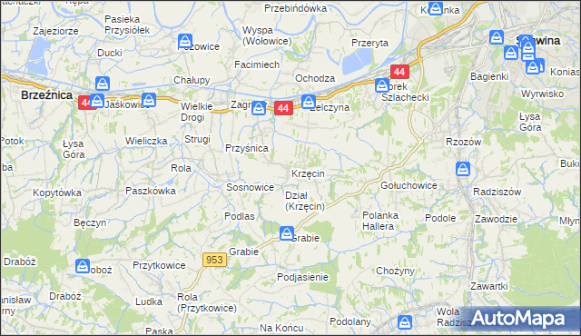 mapa Krzęcin gmina Skawina, Krzęcin gmina Skawina na mapie Targeo