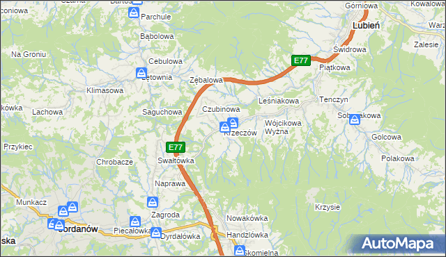 mapa Krzeczów gmina Lubień, Krzeczów gmina Lubień na mapie Targeo