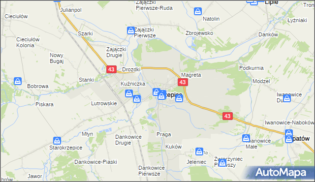 mapa Krzepice powiat kłobucki, Krzepice powiat kłobucki na mapie Targeo