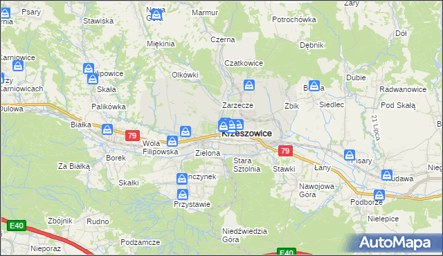 mapa Krzeszowice, Krzeszowice na mapie Targeo