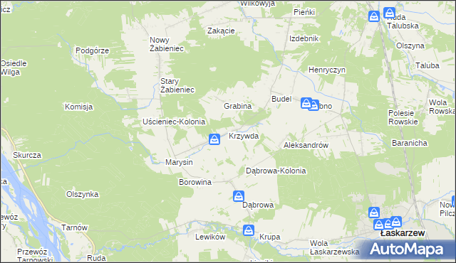 mapa Krzywda gmina Łaskarzew, Krzywda gmina Łaskarzew na mapie Targeo