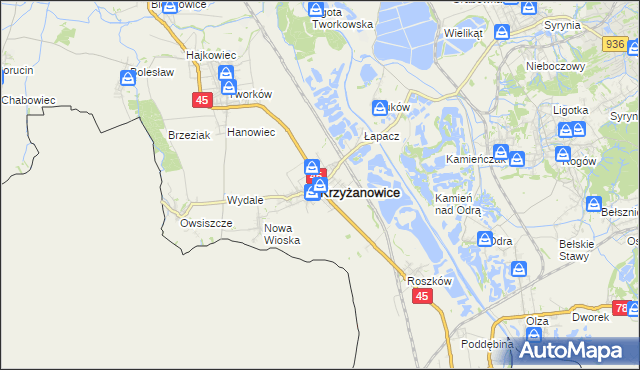 mapa Krzyżanowice powiat raciborski, Krzyżanowice powiat raciborski na mapie Targeo