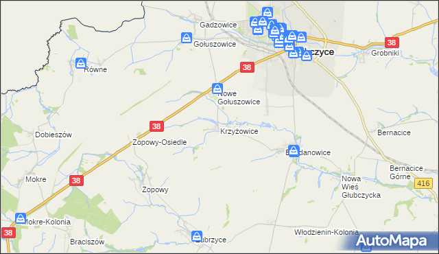 mapa Krzyżowice gmina Głubczyce, Krzyżowice gmina Głubczyce na mapie Targeo