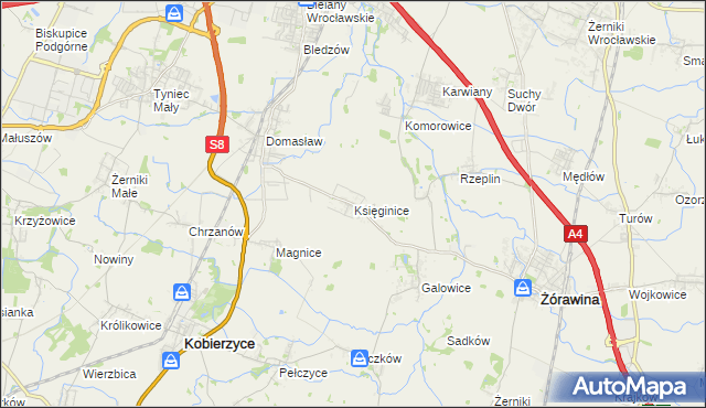 mapa Księginice gmina Kobierzyce, Księginice gmina Kobierzyce na mapie Targeo
