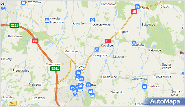mapa Księginice gmina Trzebnica, Księginice gmina Trzebnica na mapie Targeo