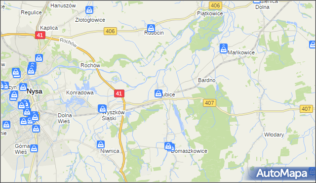 mapa Kubice gmina Nysa, Kubice gmina Nysa na mapie Targeo