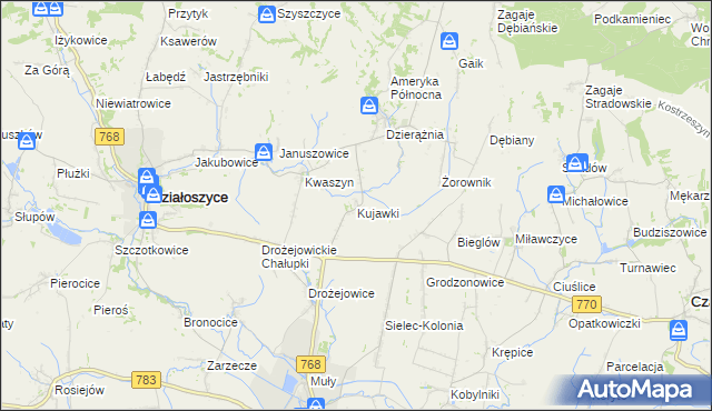 mapa Kujawki gmina Działoszyce, Kujawki gmina Działoszyce na mapie Targeo