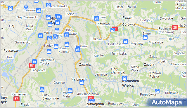 mapa Kunów gmina Chełmiec, Kunów gmina Chełmiec na mapie Targeo