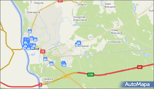 mapa Kunowice, Kunowice na mapie Targeo