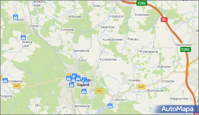 mapa Kuraszków gmina Oborniki Śląskie, Kuraszków gmina Oborniki Śląskie na mapie Targeo