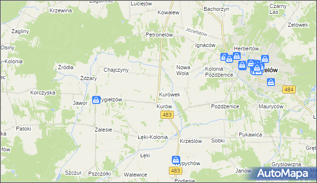 mapa Kurówek gmina Zelów, Kurówek gmina Zelów na mapie Targeo