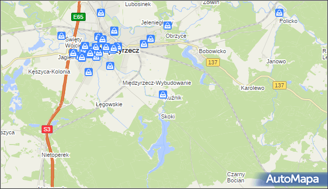 mapa Kuźnik gmina Międzyrzecz, Kuźnik gmina Międzyrzecz na mapie Targeo