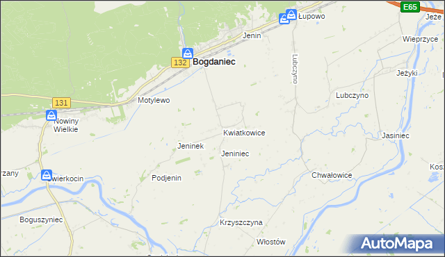 mapa Kwiatkowice gmina Bogdaniec, Kwiatkowice gmina Bogdaniec na mapie Targeo