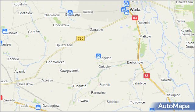 mapa Łabędzie gmina Warta, Łabędzie gmina Warta na mapie Targeo