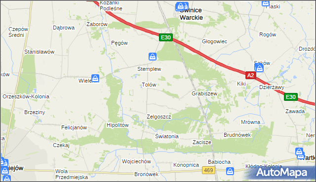 mapa Ładawy gmina Świnice Warckie, Ładawy gmina Świnice Warckie na mapie Targeo