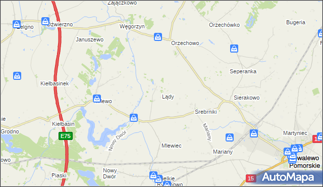 mapa Lądy gmina Kowalewo Pomorskie, Lądy gmina Kowalewo Pomorskie na mapie Targeo